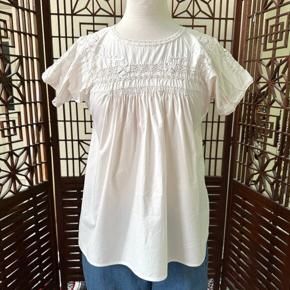 Ulla Johnson Off White Embroidered Crochet Cotton Short Sleeve Boho Blouse Sz 4 - Picture 1 of 8